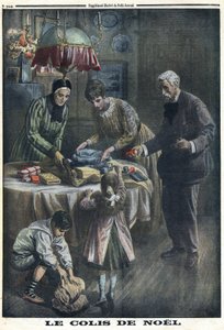 First World War 1914-1918. Christmas Gift: Children receive and unpack packages they received from their father on the battlefield on Christmas Eve. In Le Petite Journal, on 24/12/1916. Private Collection by Anonymous Anonymous