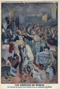 First World War 1914-1918. The women of the people break into a fashionable restaurant and demand the return of their husbands. In Le Petite Journal, on 16/01/1916. Private Collection