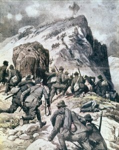 First World War: Italian alpine hunters climbing to the top of the Cauriol, Italian Alps (Illustration from 