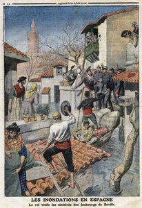 Floods in Spain: King Alfonso XIII Visits the Sinister Suburbs of Seville - Engraving in 