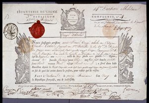 French Revolution: official document of military leave dated 15 Brumaire year V (05/11/1796) of a sergeant from the district of Coutances