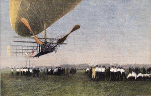 From Compiegne to London by airship: the landing of Bayard-Clement to Wormwood Scrubbs. Engraving. One of the newspaper 
