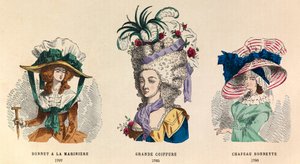 From Left to Right: Sailor Hat in 1787; Grand Hairstyle in 1785 and Bonnet Hat in 1786 by Anonymous Anonymous
