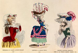 From Left to Right: Morning Undress Called Pierrot in 1787; Hairstyle a la Belle Choule in 1780; Hat and Dress a Turkish Great Adornment in 1786 - Private Collection by Anonymous Anonymous