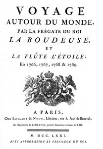 Frontispiece of 1771 of the book Voyage Around the World by the frigate of the king La Boudeuse and the flute L