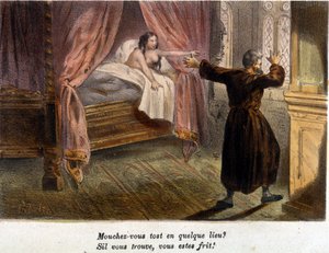 Gallant scene: Monk, in the company of a naked woman in bed, surprised by the arrival of a person, tries to hide. Colour engraving of the 19th century