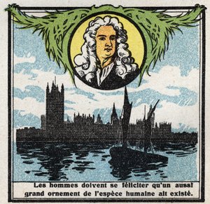 Gravitation: portrait of Isaac Newton (1642-1727) who discovered the laws of gravity. Anonymous illustration from 1925. Private collection.