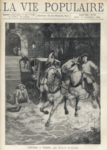 In front of the staircase of a small castle, a young rider arrives in the courtyard at full speed, spurring his horse and panicking the horses of the carriage parked by the gate, a large man wearing a powdered wig stretches on the ground after a fall due by Anonymous Anonymous