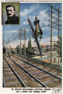 In tempting Douai - Madrid, aviator Jules Vedrines made a terrible fall. Engraving in 