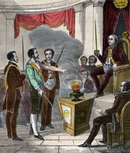Initiation of a French Mason into the brotherhood - Reception (Ceremony) of a Freemason - Engraving from 1879 in 