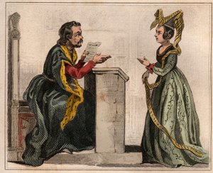 Jehan Pastoret, President of the Paris Parliament under the reign of Charles V with a noble woman, wearing a liripion. Engraving from 1859 in 