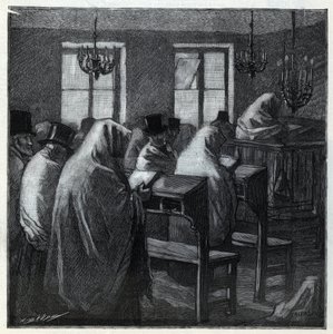 Jewish feasts: fideles during the prayer inside an oratory during the holidays. Engraving in Le monde illustree of 1892. Private collection by Anonymous Anonymous