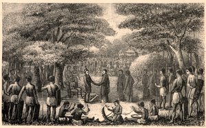 King Lebuschi welcomes Henri Depelchin, Jesuit missionary and first superior of the Upper Zambeze mission in Africa. Engraving in 