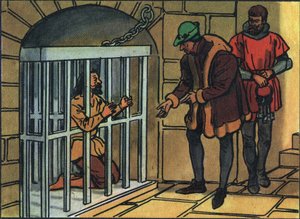 King Louis XI visiting the cages of the Bastille prison. Anonymous illustration in 