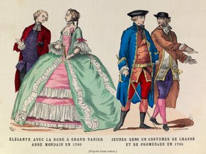 Left: Elegante with a large basket dress, mondain abbe in 1760 / Right: Young men in hunting and walking suit in 1760 (reign of King Louis XV) - private collection