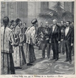 Li Hongzhang received by the President of the Republic Felix Faure at the Elysee Palace. Engraving in 