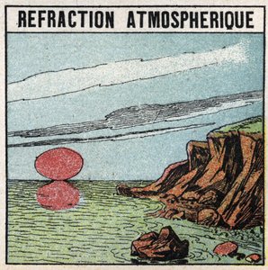 Light refraction: Atmospheric refraction gives the illusion that the sun is bigger at the rise or sunset than at the zenith. Anonymous illustration from 1925. Private collection. by Anonymous Anonymous