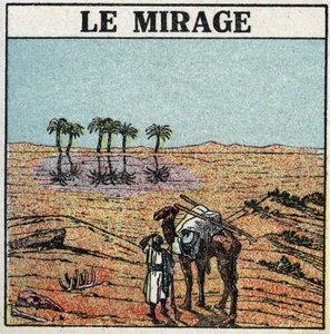 Light refraction: mirage. Atmospheric refraction gives the illusion of an oasis appearing in a desert. Anonymous illustration from 1925. Private collection. by Anonymous Anonymous