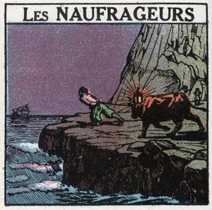 Light signals: the shipwrecks. A man hangs a lantern between the horns of a cow and walks along the coast to make the boats believe that they are still far from the rocks and thus provoke their sinking to recover the wreck. Anonymous illustration from 1925 by Anonymous Anonymous
