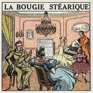 Light sources: the stearic candle used on chandeliers in the 19th century. Anonymous illustration from 1925. Private collection.
