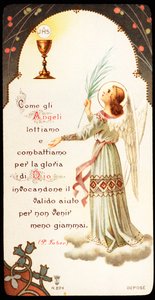 Like the angels we fight and fight for the glory of God. Pious image with a chalice and a host in which we see the monogram of Jesus Christ, JHS (JHS). 20th century. Private Collection by Anonymous Anonymous