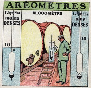 Liquid balance: measures the density of an alcohol with an alcoholometer (an aerometer used for alcohol). Anonymous illustration from 1925. Private collection. by Anonymous Anonymous