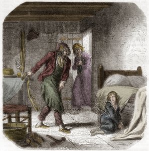 Louis XVII (1785-1795) at the Temple, with his jailer the shoemaker Antoine Simon. Engraving in Histoire des Girondins by Alphonse de Lamartine (1790-1869) 1865-1866. Private collection