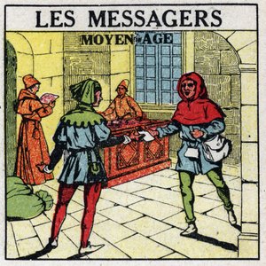 Mail: Messengers in the Middle Ages. Anonymous illustration of 1925. Private collection. by Anonymous Anonymous