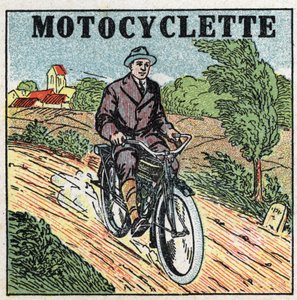 Mechanical traction: motorcycle. Anonymous illustration of 1925. Private collection. by Anonymous Anonymous