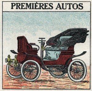 Mechanical traction: the first petrol cars invented in 1895 by Panhard and Levassor. Anonymous illustration from 1925. Private collection.