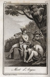 Mercury and Argus. Death of Argus: Mercury played the flute to fall asleep Argus and deliver the nymph Io, transformed into a cow. Engraving from 1819 in Lettres a Emilie sur la mythologie by Charles Albert Demoustier (1760-1801). by Anonymous Anonymous