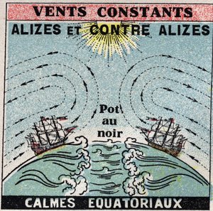 Meteorology: constant winds. Alizes, against alizes, zones of calm equatorial (pot in black). Anonymous illustration from 1925. Private collection. by Anonymous Anonymous