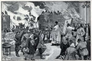 Moscow, fire in the suburb of Kaluga: the Orthodox clergy presenting the Holy Images to protect the city and firefighters fighting the fire. Engraving in 