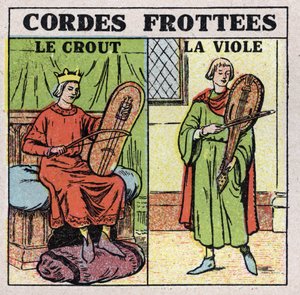 Musical instruments: rubbed string instruments. Players of crout and rapes in the Middle Ages. Anonymous illustration from 1925. Private collection. by Anonymous Anonymous