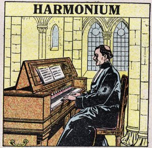 Musical instruments: wind instruments at hip. Harmonium player in a church. Anonymous illustration from 1925. Private collection. by Anonymous Anonymous