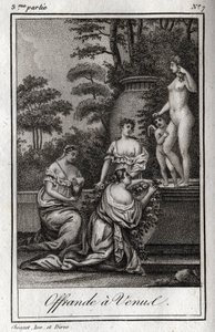 Offer to Venus. Little loves (cherubs) gather to pay tribute to the goddess Aphrodite. Engraving from 1819 in 