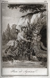 Pan and the nymph Syrinx transformed into reeds. Engraving from 1819 in 