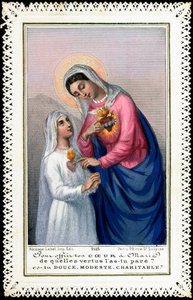Pious image: Little girl in communion dress offering her heart to the Virgin Mary. 