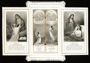 Pious image: Perseverance, Love towards Jesus and Mary, the Holy Desire of Paradise, the Good Death - 19th century dentelee card in triptych - Private collection by Anonymous Anonymous