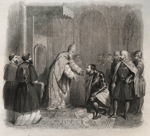 Pope St. Pius V receiving the winner of the Battle of Lepanto - Engraving from 1846 in 