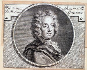 Portrait of Italian baroque composer and cellist Giovanni Battista Bononcini - 18th century engraving