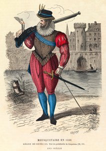 Portrait of a Musketeer in 1586 in Paris (under the Reign of King Henry III), Engraving, Private Collection