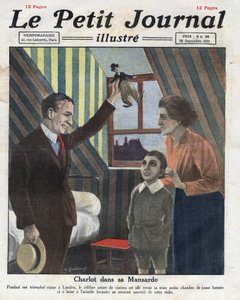 Portrait of actor Charlie Chaplin travelling to London, visiting his former room, he offers the child of the family a little doll of Charlot. Illustration taken from 