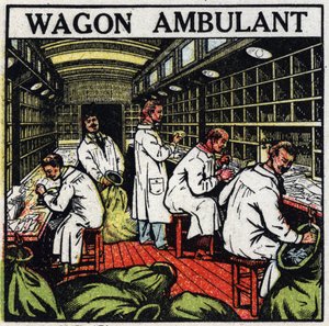 Post office: walking post office in a railway wagon. Anonymous illustration from 1925. Private collection.