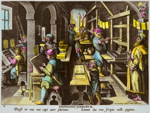 Printers and typographic printing with arm press around 1600 by Jan Van Der Straet