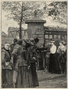 Public hygiene: inhabitants of Paris using one of the filtered water fountains installed in the 15th arrondissement. These fountains have a Chamberland Pasteur system filter. Engraving in Le monde illustree of 1892. Private collection