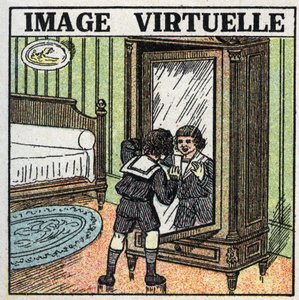 Reflection of light: virtual image. A child contemplating his reflection in a mirror. Anonymous illustration from 1925. Private collection. by Anonymous Anonymous
