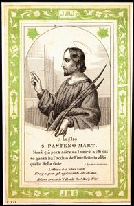 Representation of Saint Panthene of Alexandria. Pious image. Postcard. The beginning of the 20th century. Private Collection