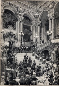 Russian sailors climb the large staircase during a Gala evening at the Opera Garnier in Paris. Engraving in 