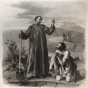 Saint Benedict of Nursia Welcoming Totila, King of the Ostrogoths. Engraving from 1846 in 